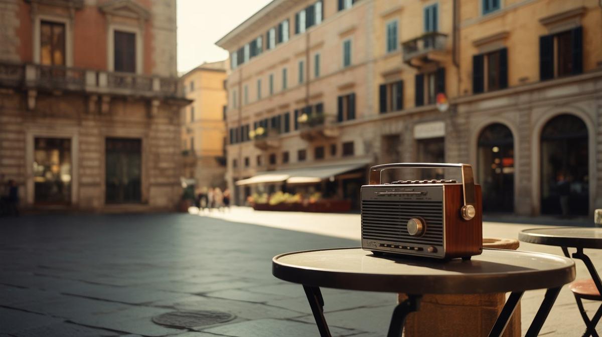 Italian piazza with a vintage radio on a cafe table