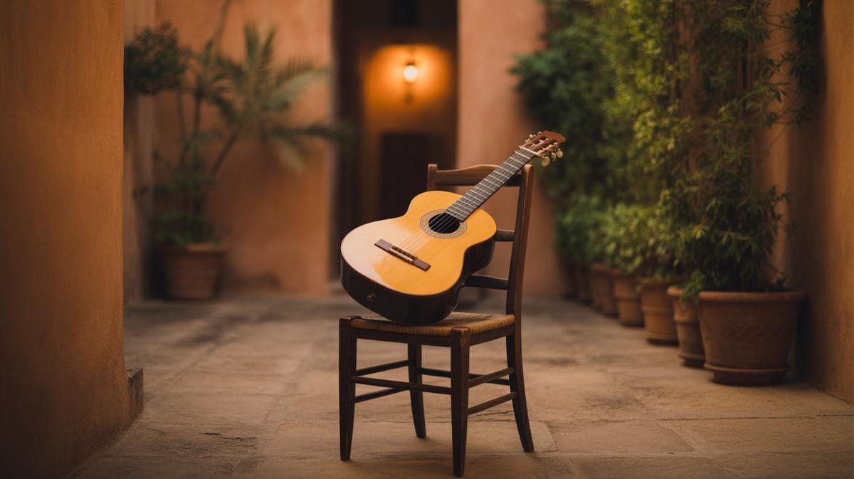 Flamenco guitar in a warm Andalusian courtyard