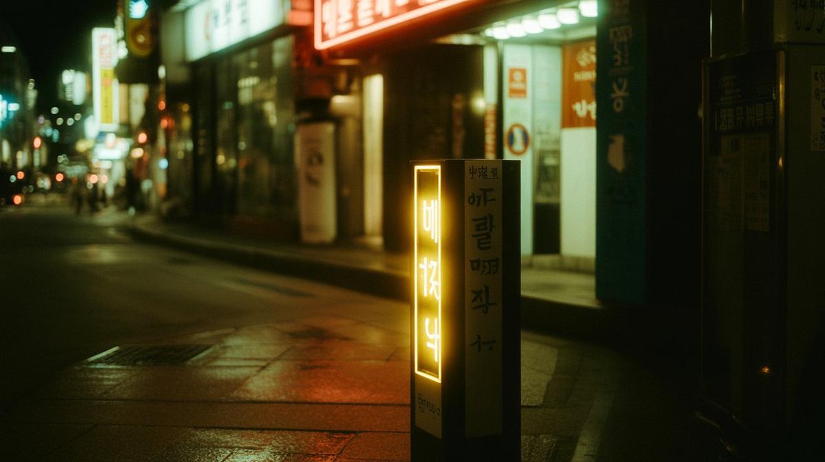 Neon-lit Seoul street at night in warm tones