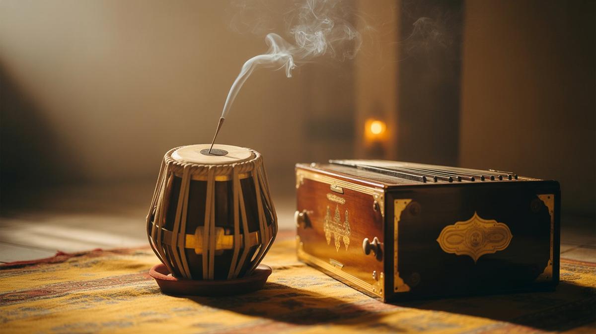 Tabla and harmonium on warm patterned cloth