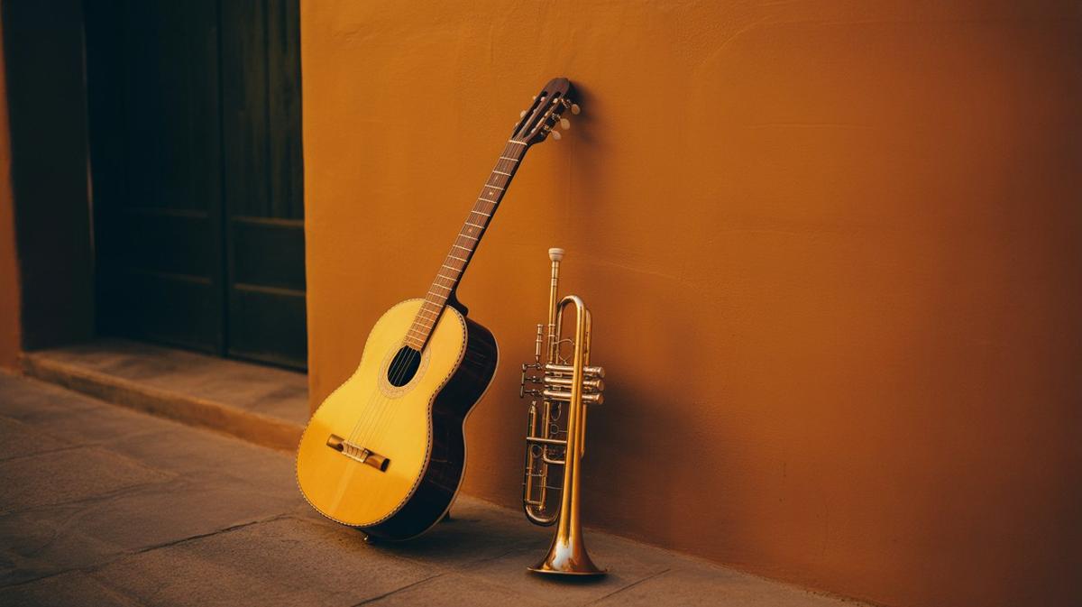 Guitarrón and trumpet against a terracotta wall
