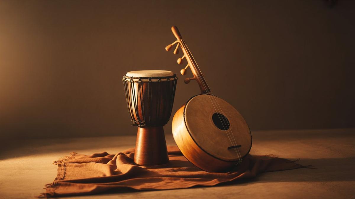 Djembe and kora on warm earth-toned cloth