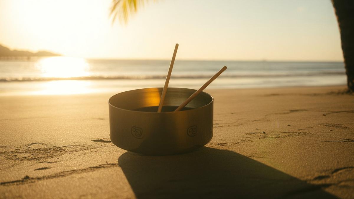 Steel-pan drum on a beach at golden hour