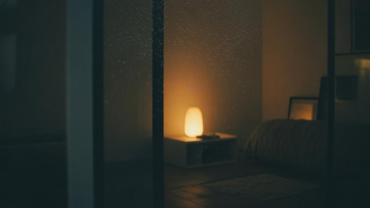 Minimalist Scandinavian interior with a warm lamp