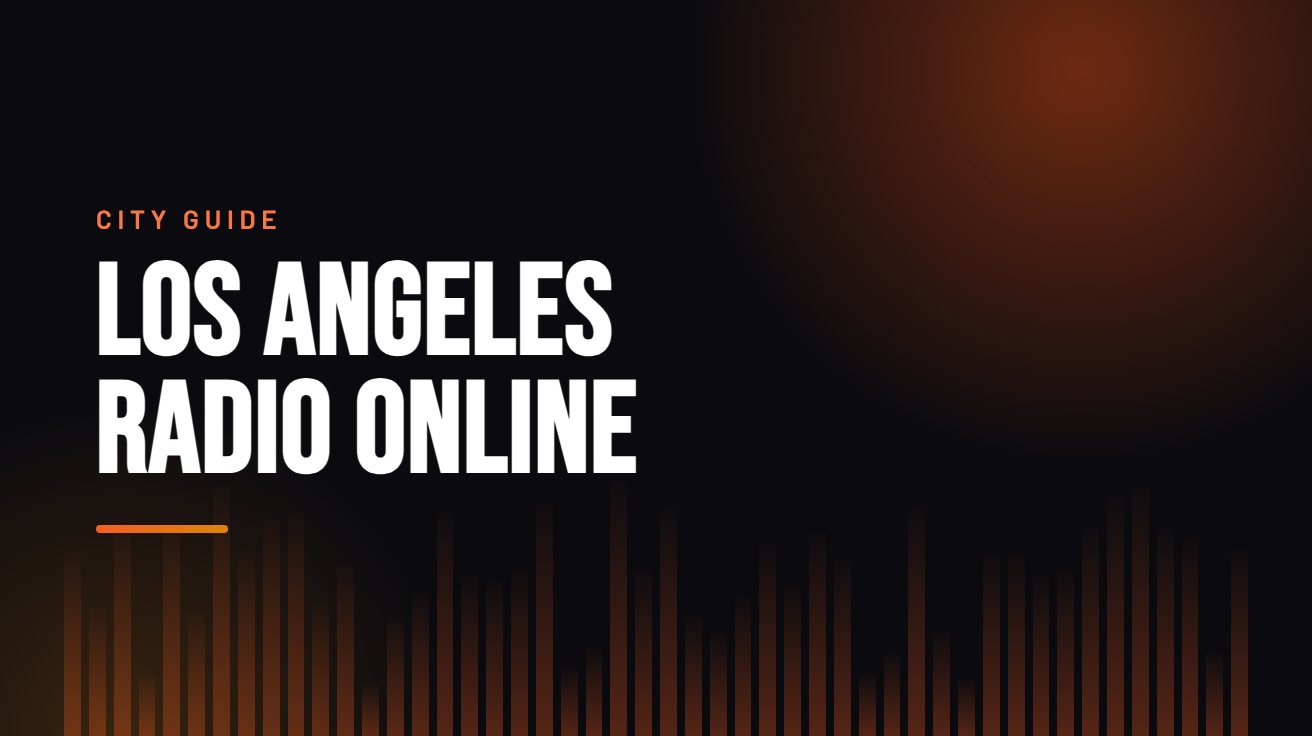 Title card for the guide: Los Angeles Radio Online, in amber on black with an equaliser motif