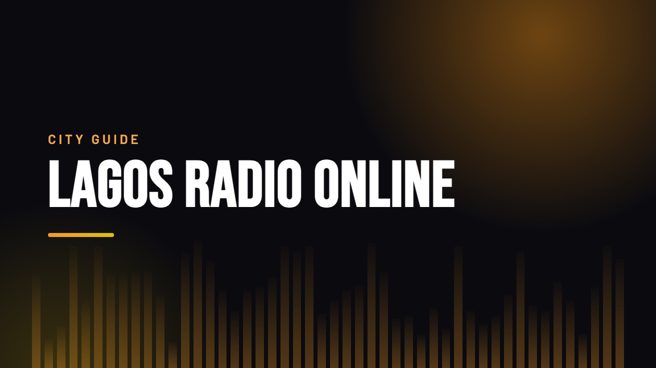 Title card for the guide: Lagos Radio Online, in amber on black with an equaliser motif