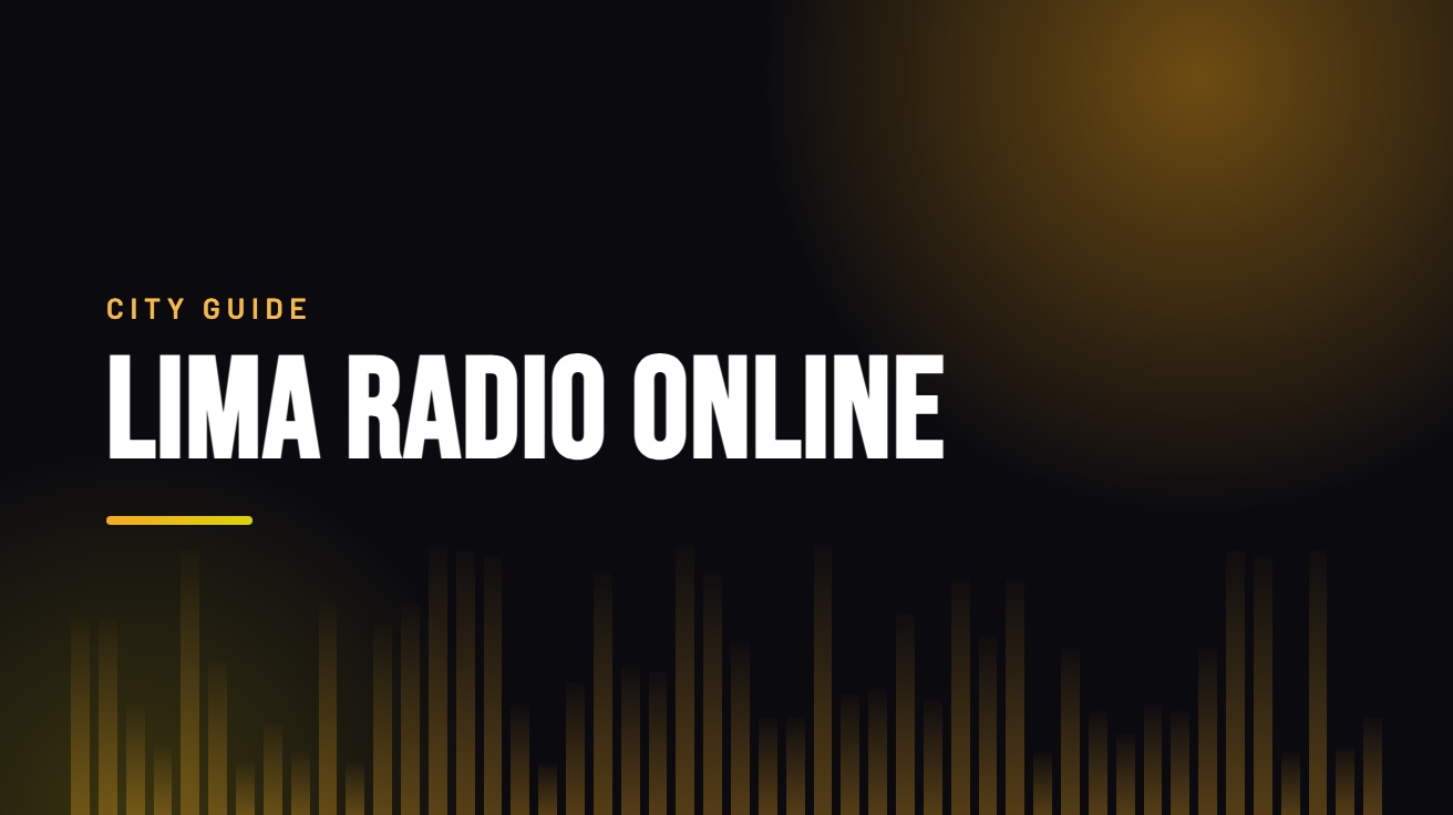 Title card for the guide: Lima Radio Online, in amber on black with an equaliser motif