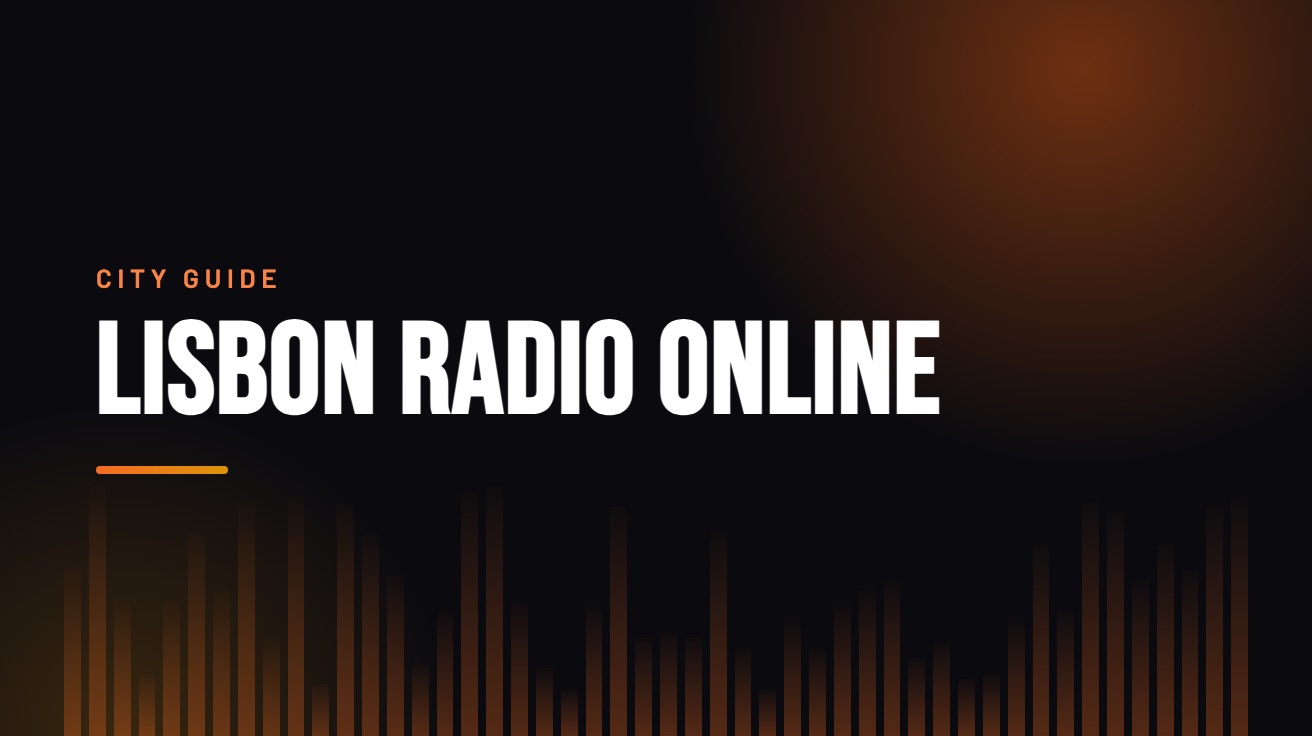 Title card for the guide: Lisbon Radio Online, in amber on black with an equaliser motif