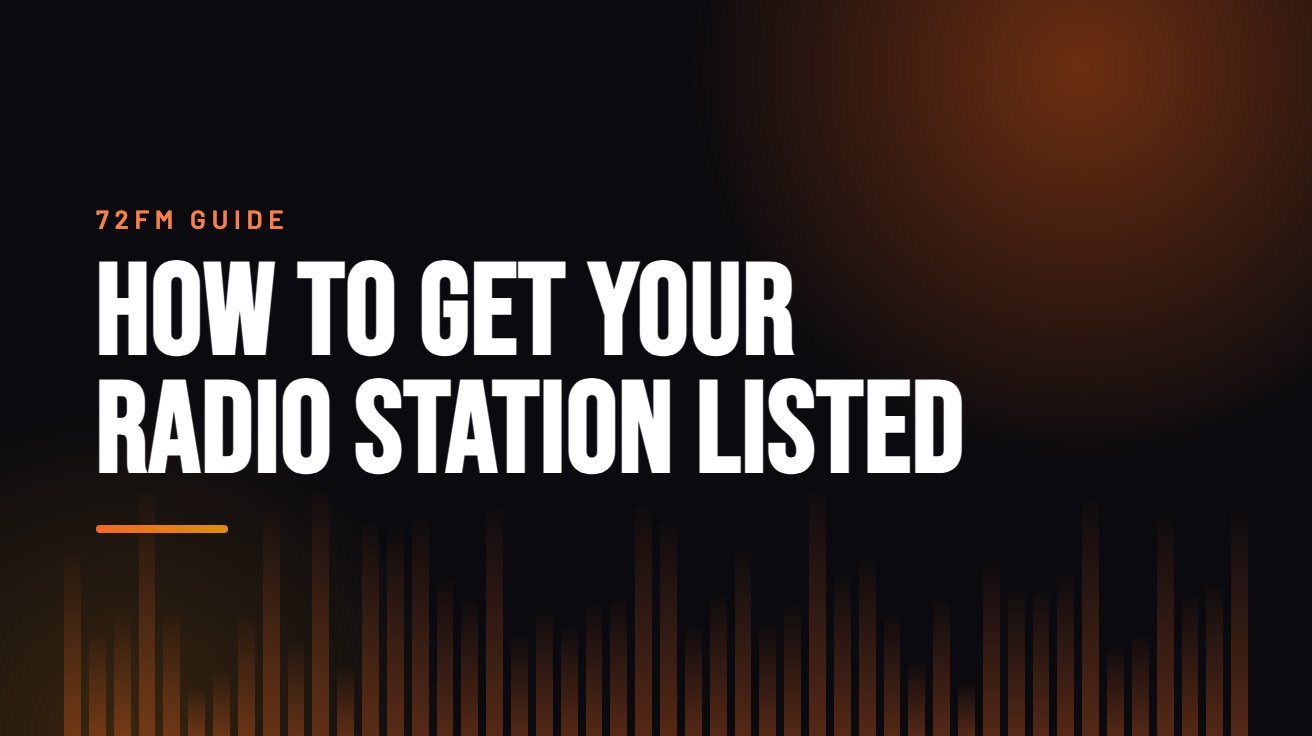 Title card for the guide: How to Get Your Radio Station Listed, in amber on black with an equaliser motif