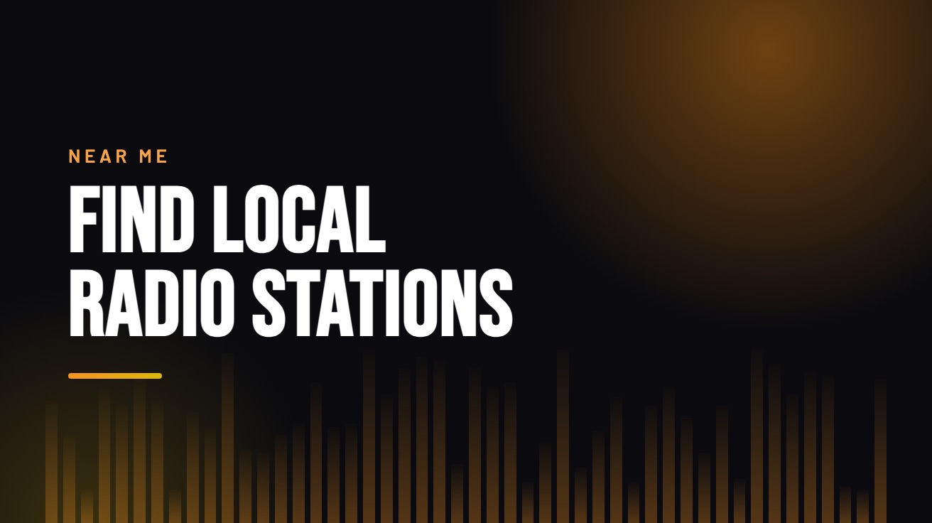 Title card for the guide: Find Local Radio Stations, in amber on black with an equaliser motif