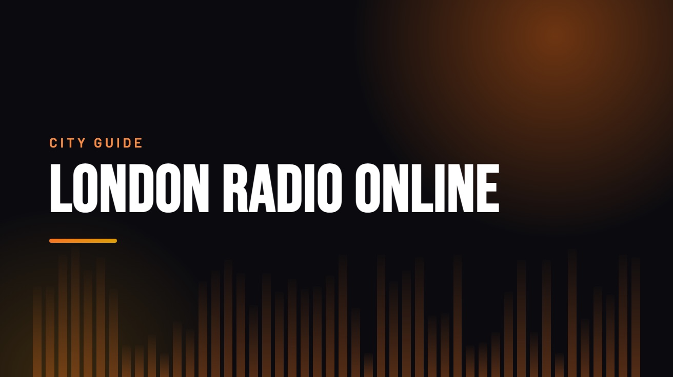 Title card for the guide: London Radio Online, in amber on black with an equaliser motif