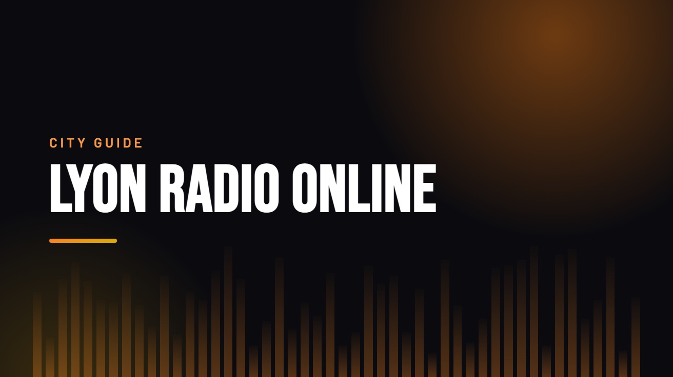 Title card for the guide: Lyon Radio Online, in amber on black with an equaliser motif