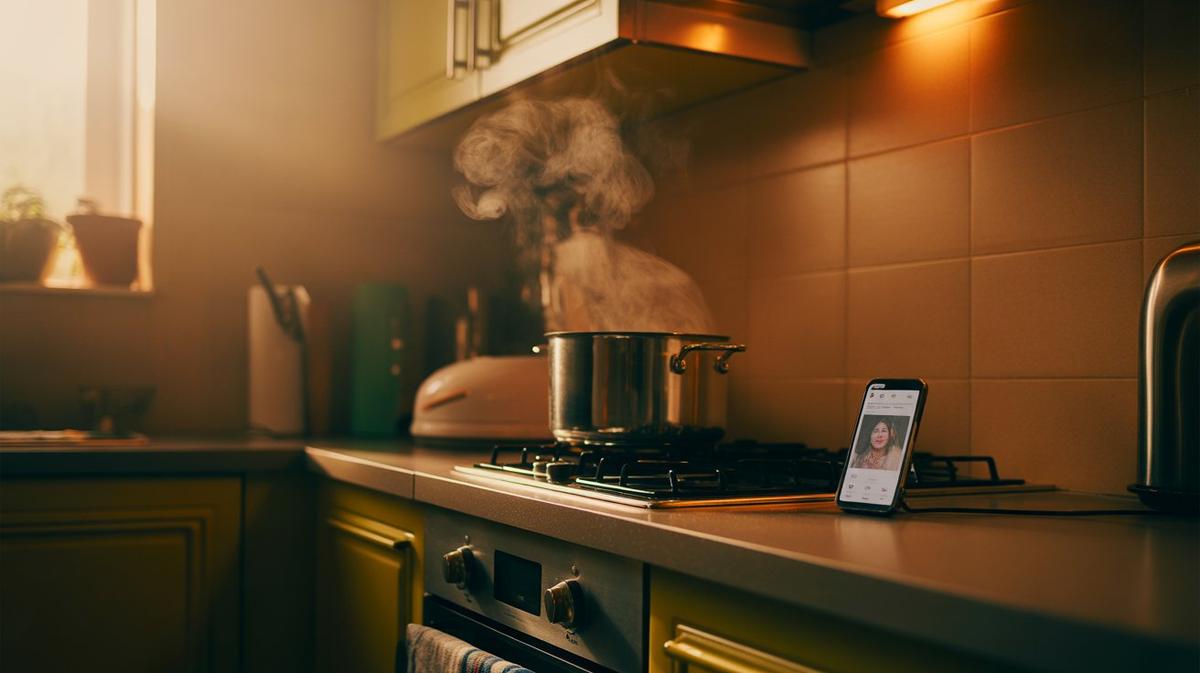 Warm evening kitchen with steam and a phone playing