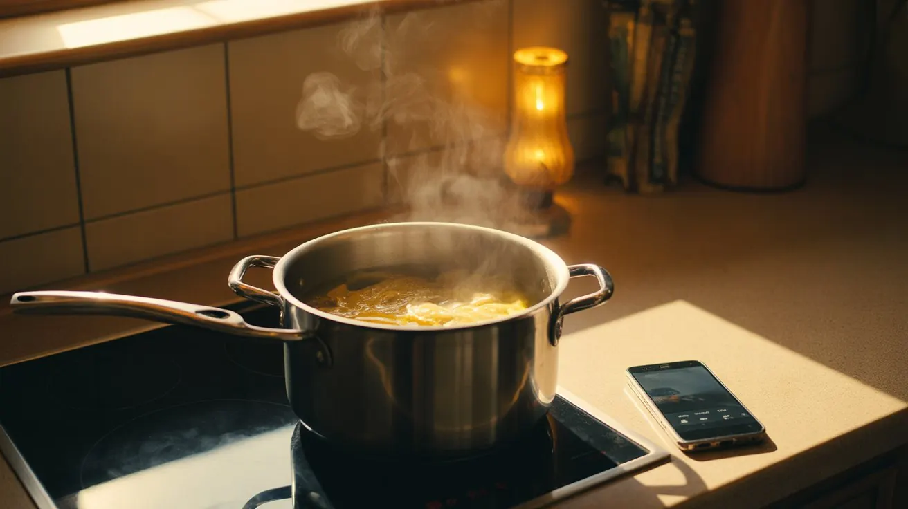 Simmering pot with steam in a warm kitchen