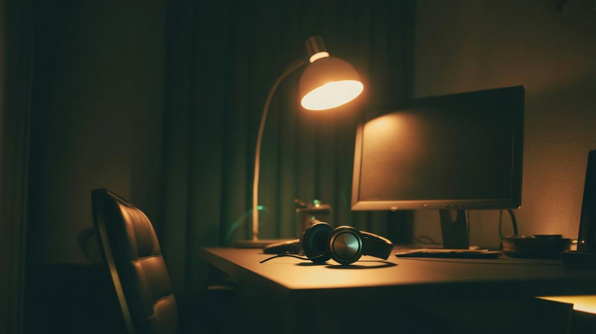 Cosy dark gaming desk with headphones and controller