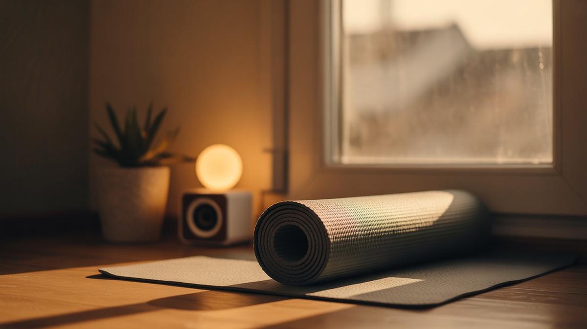 Yoga mat and speaker by a window at dawn