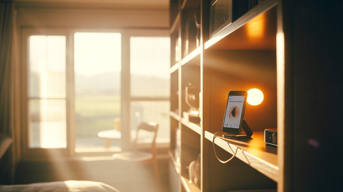 Sunlit tidy room with a phone playing music