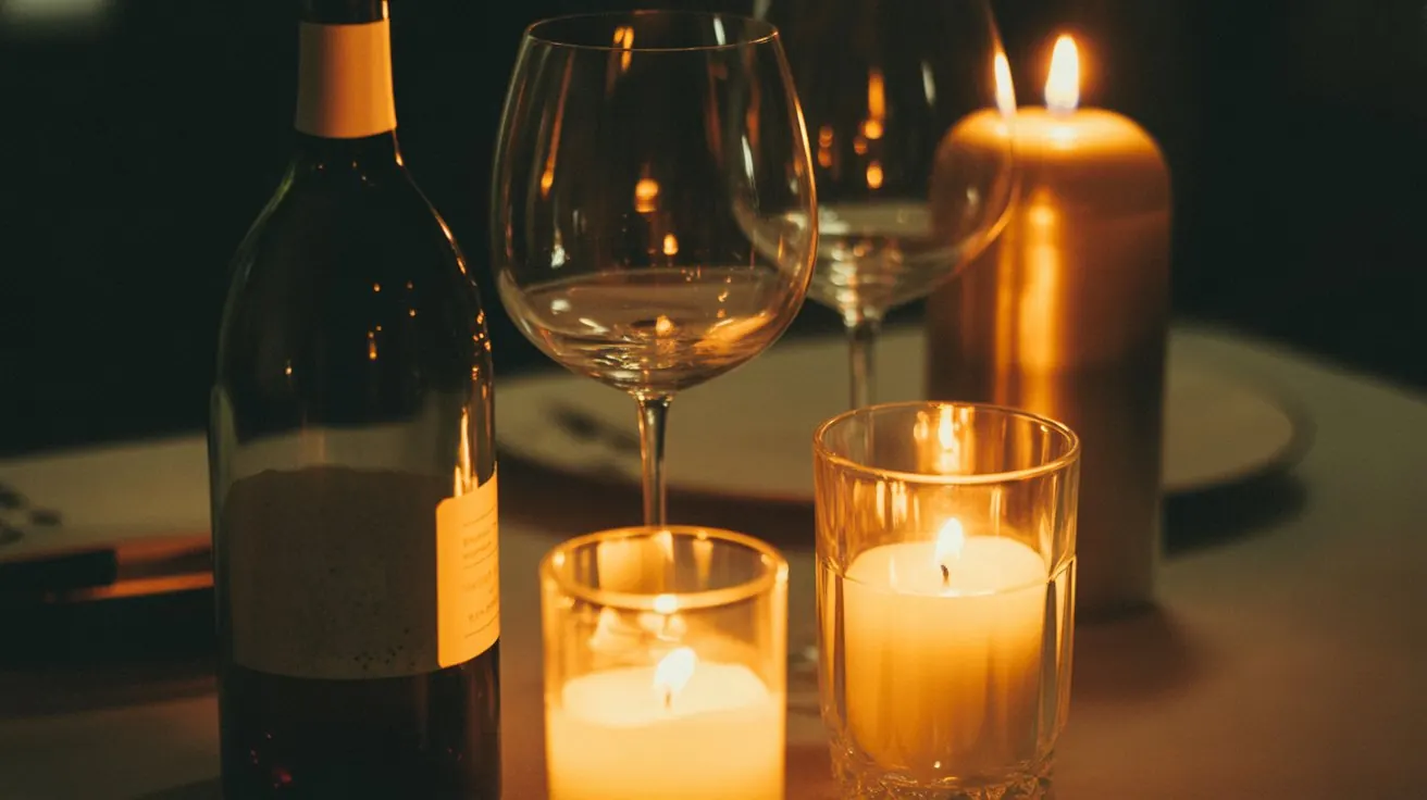 Candles and wine glasses glowing warm
