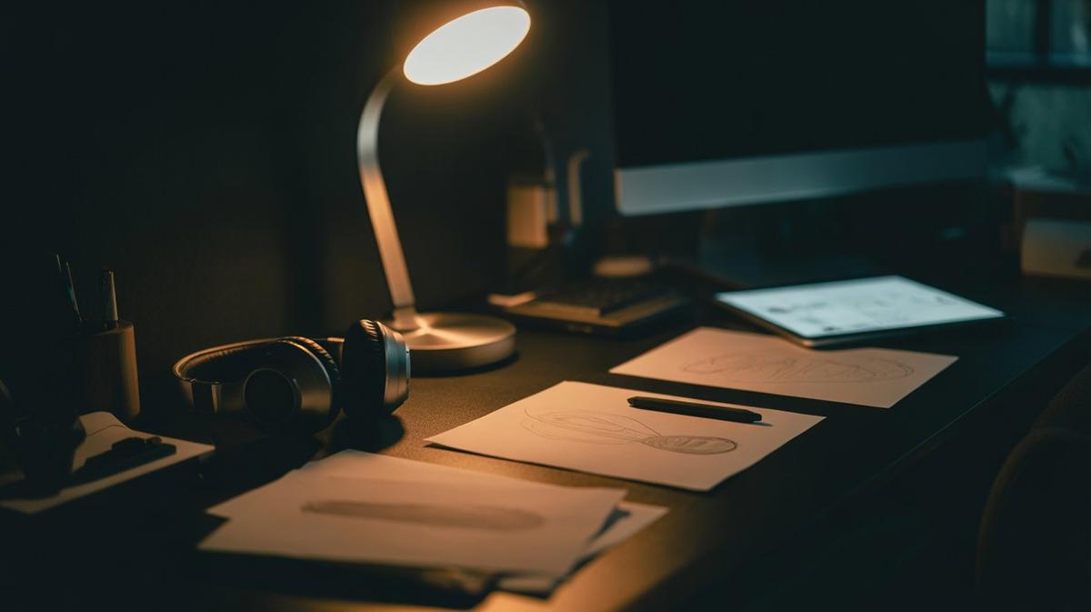 Designer's desk at night with sketches and headphones
