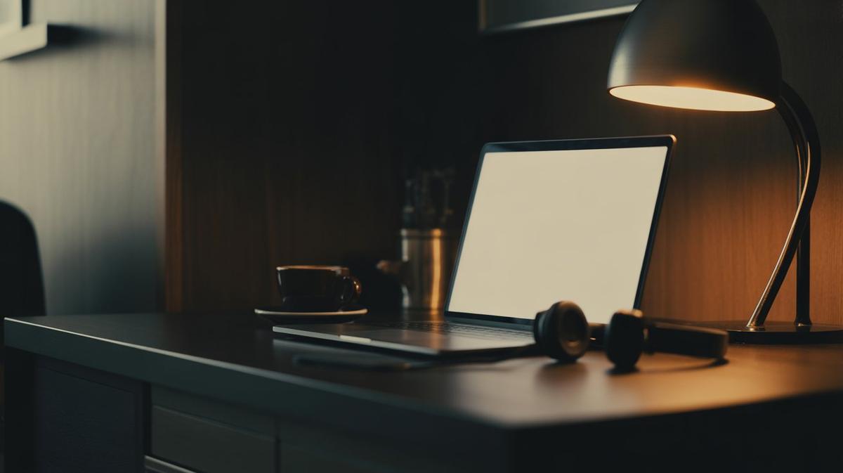 Dark coding desk with laptop, coffee and headphones