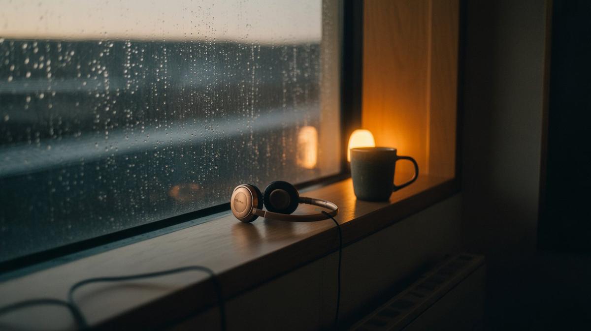 Rain-streaked window with a mug and headphones