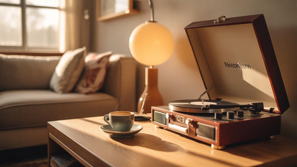 Sunlit living room with coffee and a record player