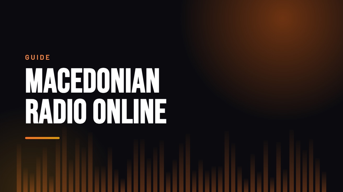 Title card for the guide: Macedonian Radio Online, in amber on black with an equaliser motif