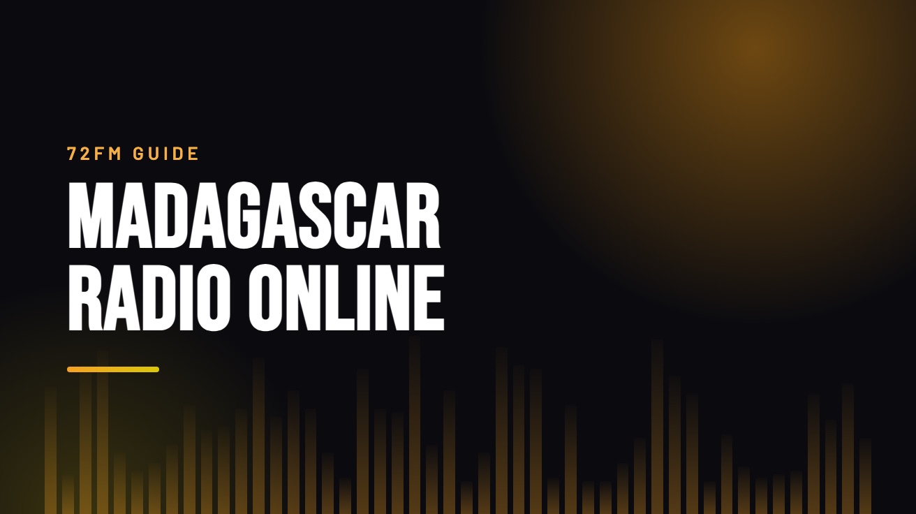 Title card for the guide: Madagascar Radio Online, in amber on black with an equaliser motif