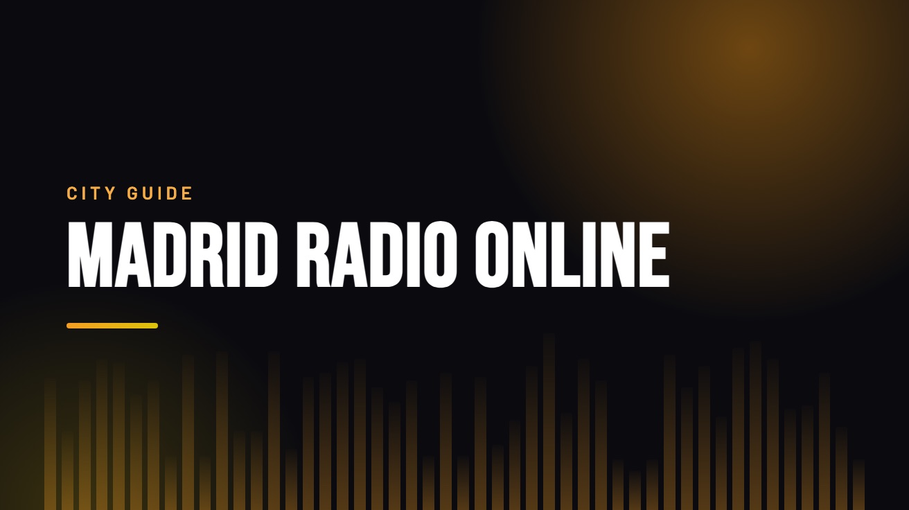 Title card for the guide: Madrid Radio Online, in amber on black with an equaliser motif