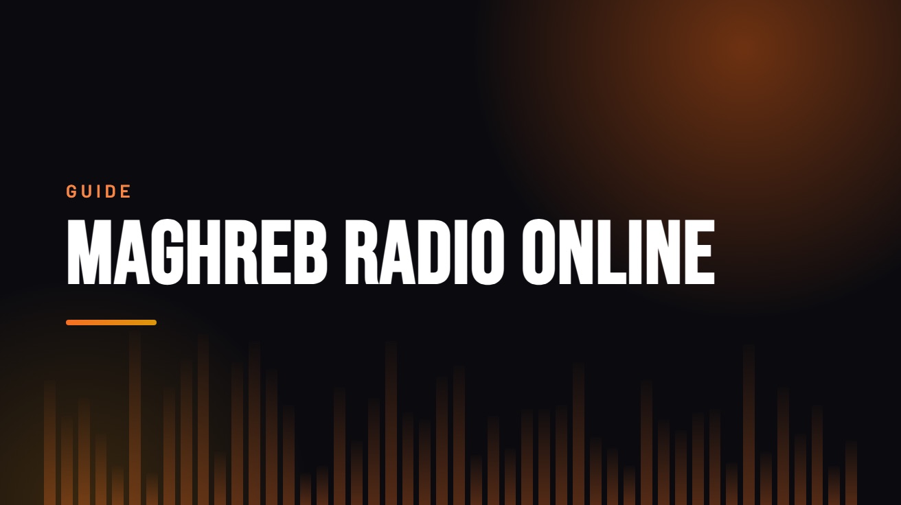 Title card for the guide: Maghreb Radio Online, in amber on black with an equaliser motif
