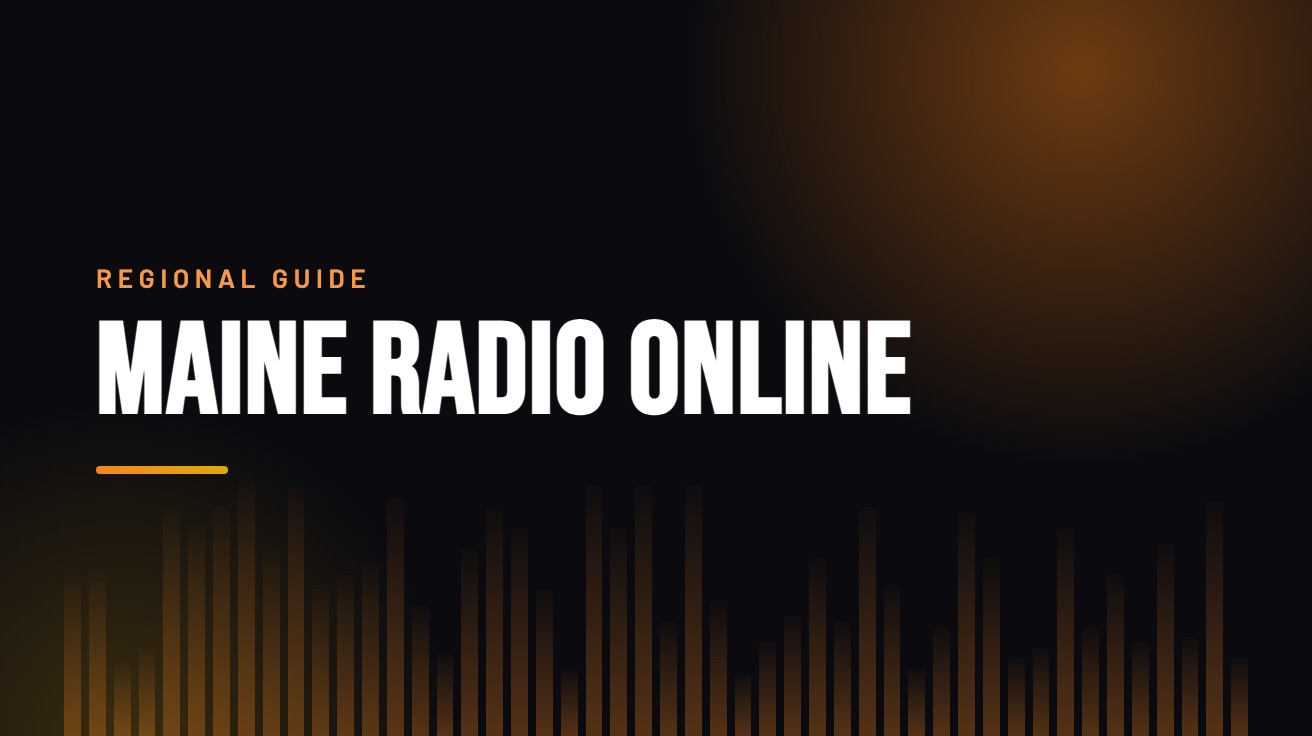Title card for the guide: Maine Radio Online, in amber on black with an equaliser motif