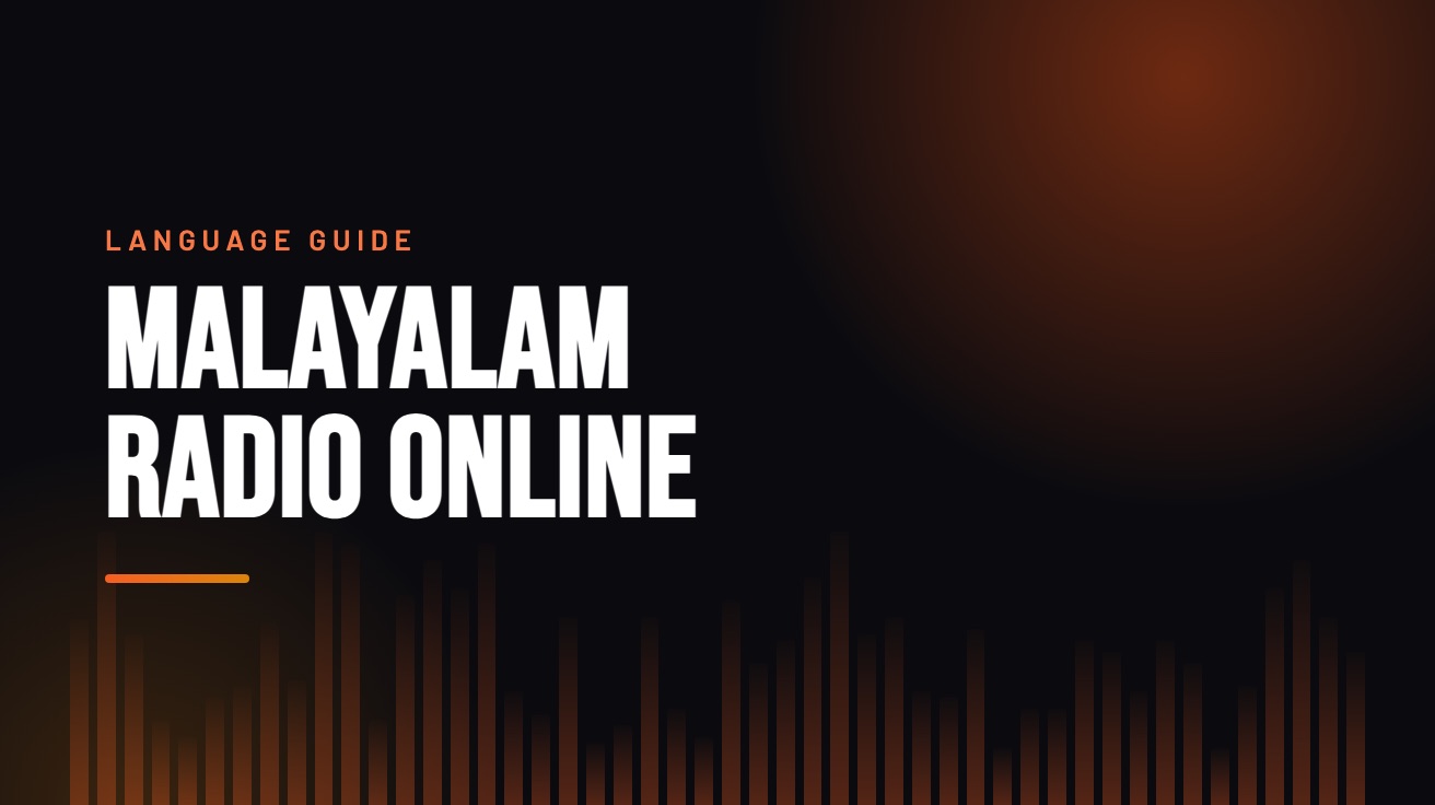 Title card for the guide: Malayalam Radio Online, in amber on black with an equaliser motif