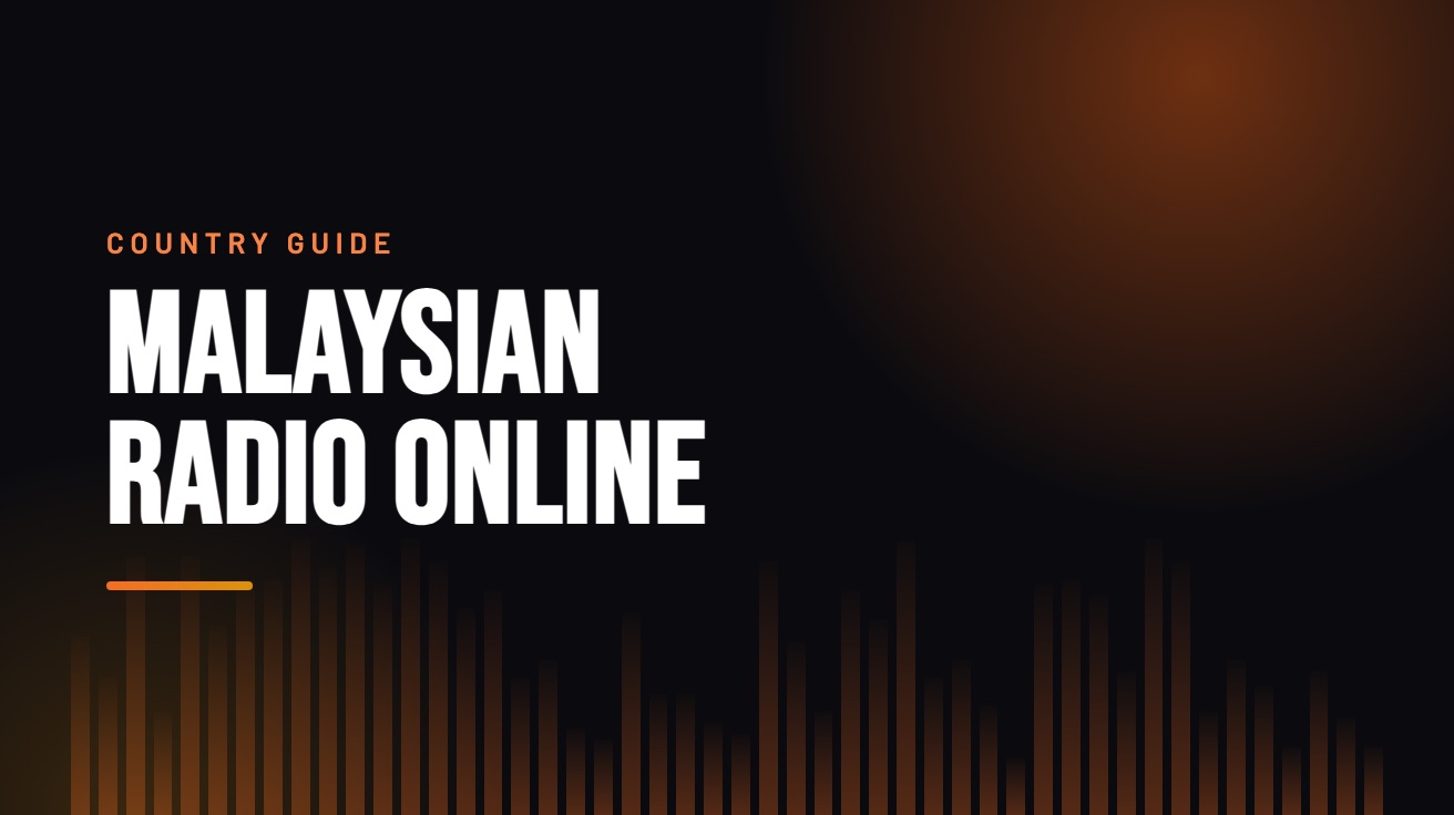 Title card for the guide: Malaysian Radio Online, in amber on black with an equaliser motif