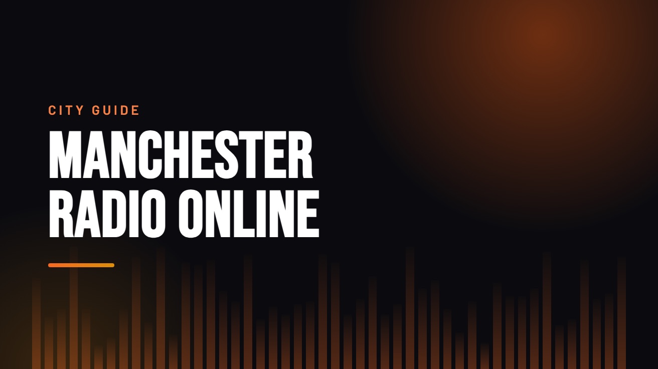 Title card for the guide: Manchester Radio Online, in amber on black with an equaliser motif