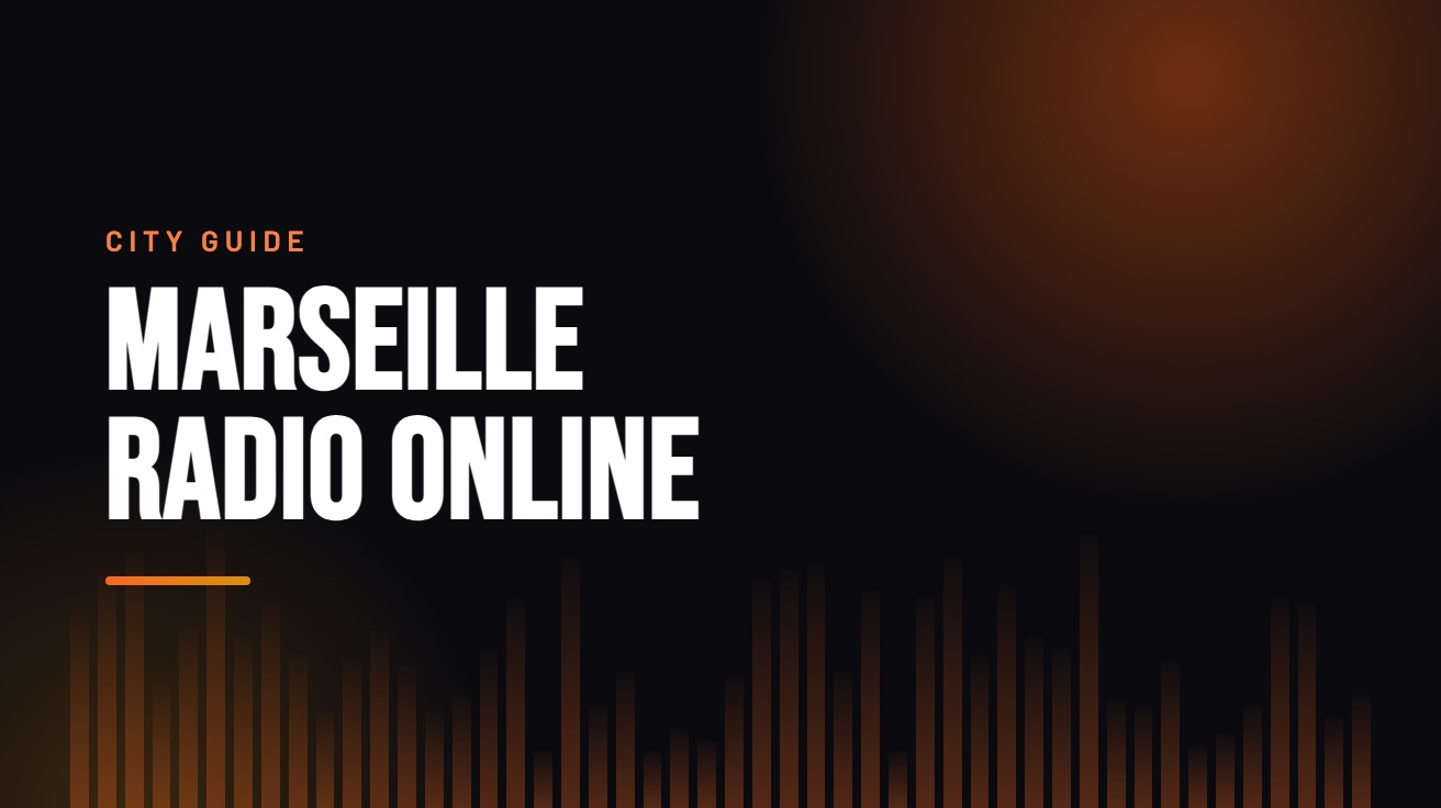 Title card for the guide: Marseille Radio Online, in amber on black with an equaliser motif