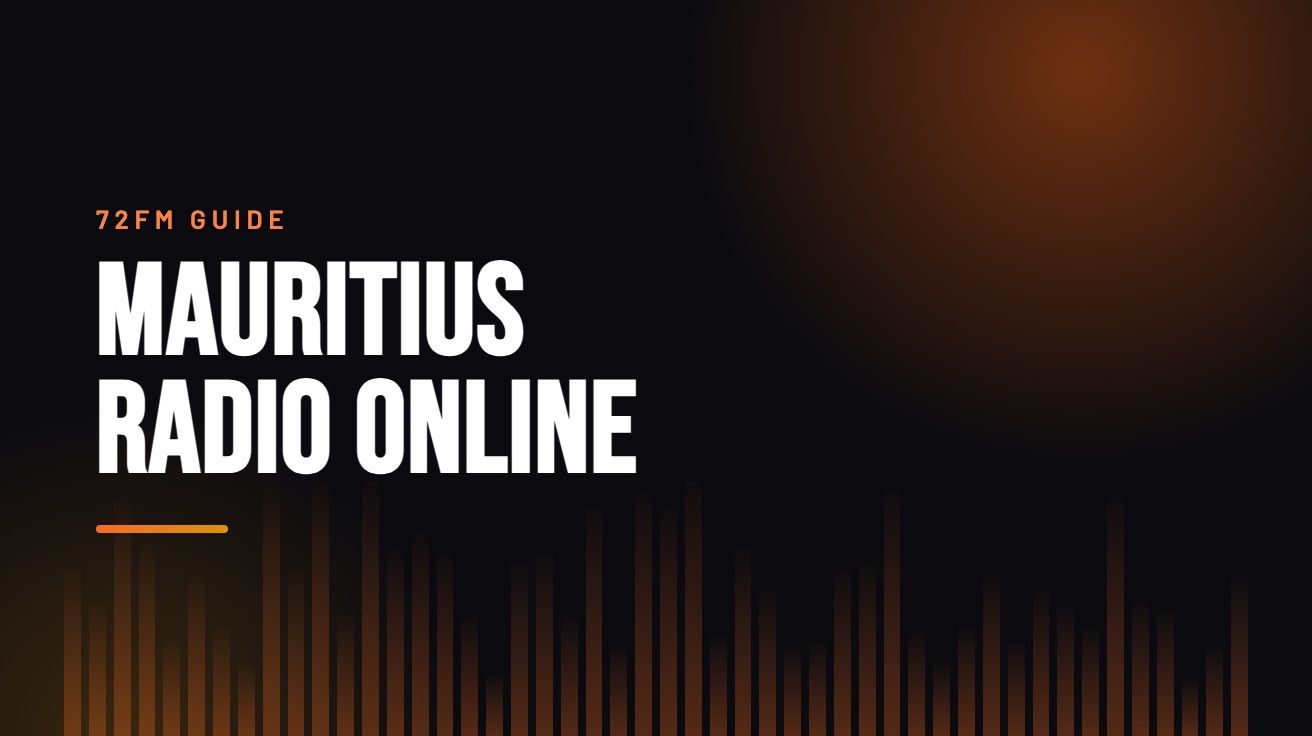 Title card for the guide: Mauritius Radio Online, in amber on black with an equaliser motif