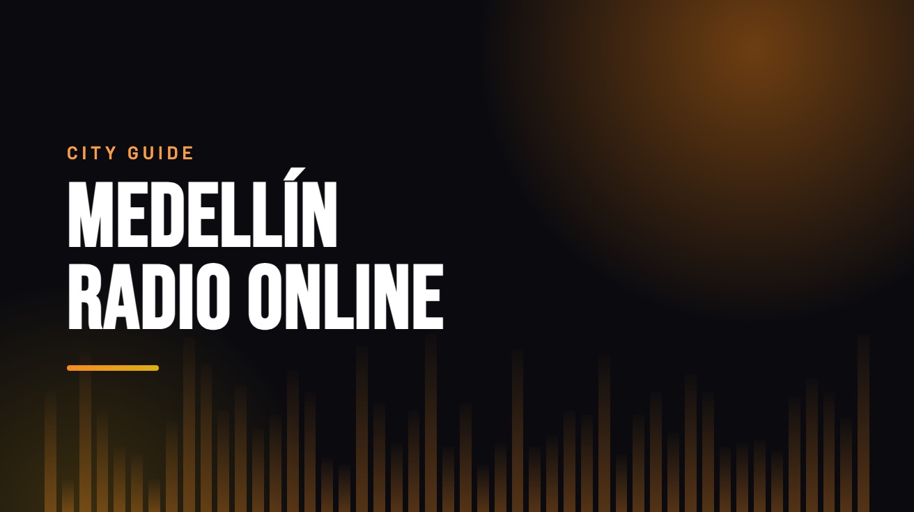 Title card for the guide: Medellín Radio Online, in amber on black with an equaliser motif