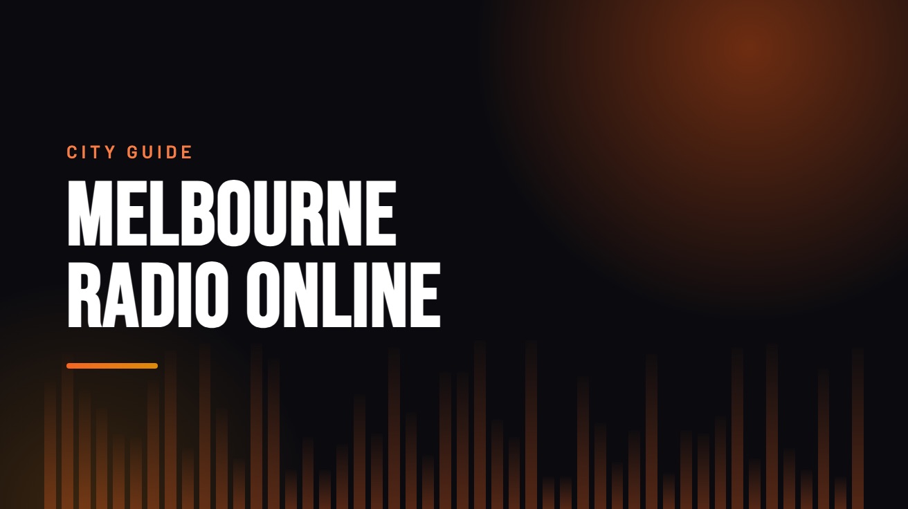 Title card for the guide: Melbourne Radio Online, in amber on black with an equaliser motif