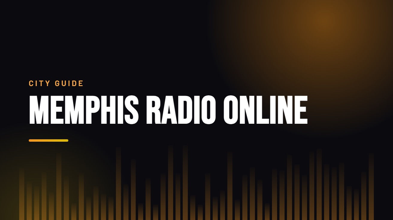 Title card for the guide: Memphis Radio Online, in amber on black with an equaliser motif