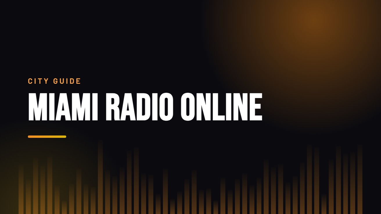 Title card for the guide: Miami Radio Online, in amber on black with an equaliser motif