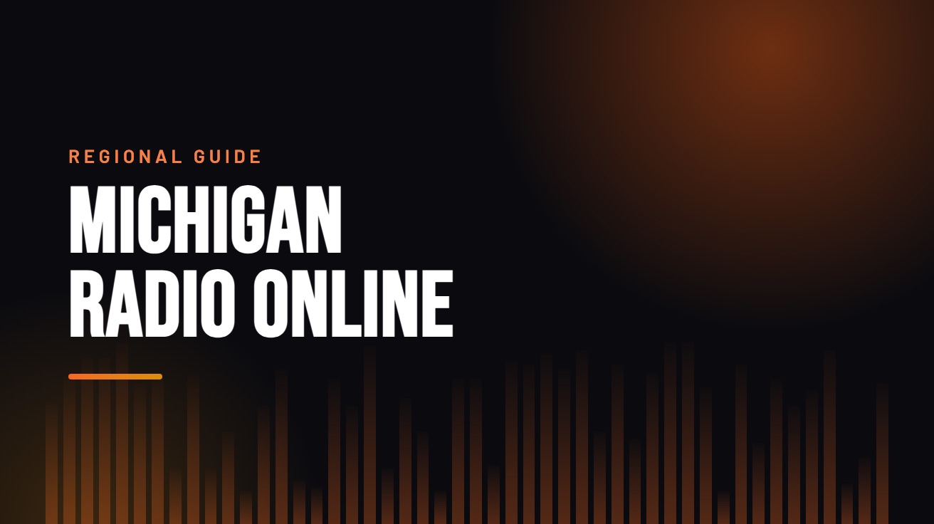 Title card for the guide: Michigan Radio Online, in amber on black with an equaliser motif