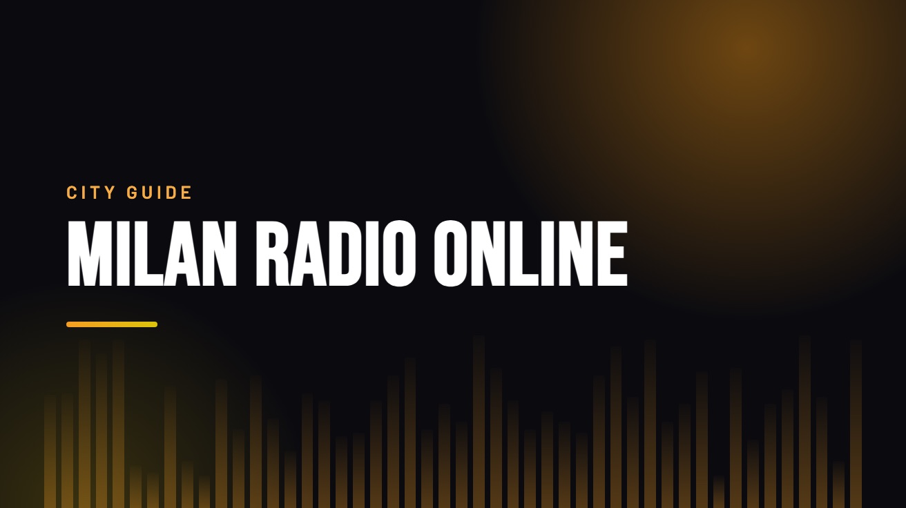 Title card for the guide: Milan Radio Online, in amber on black with an equaliser motif