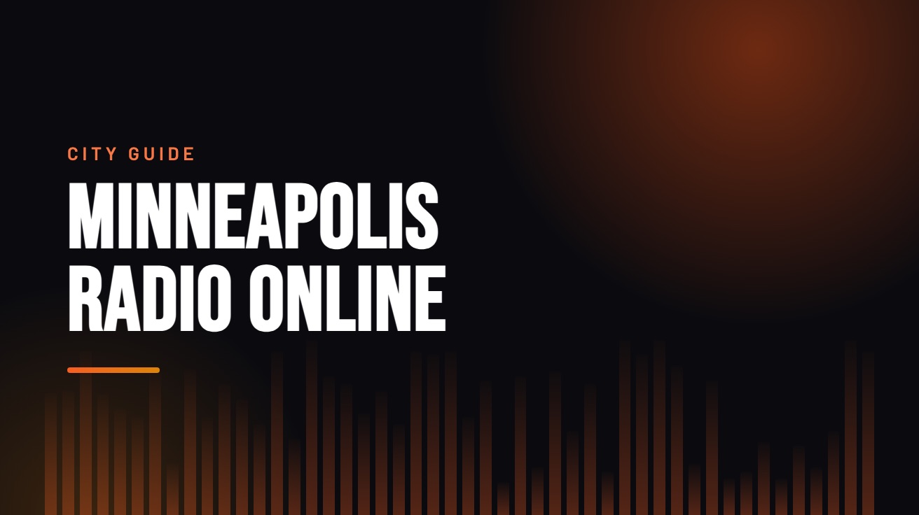 Title card for the guide: Minneapolis Radio Online, in amber on black with an equaliser motif