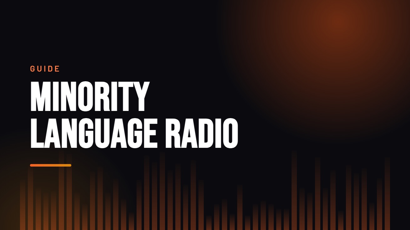 Title card for the guide: Minority Language Radio, in amber on black with an equaliser motif