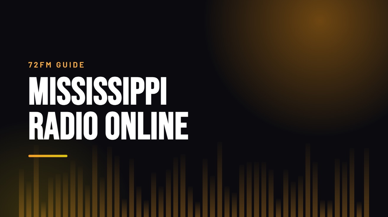 Title card for the guide: Mississippi Radio Online, in amber on black with an equaliser motif