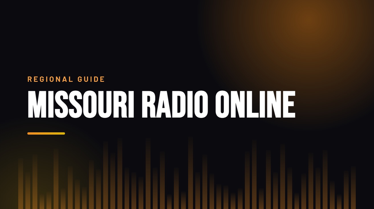 Title card for the guide: Missouri Radio Online, in amber on black with an equaliser motif