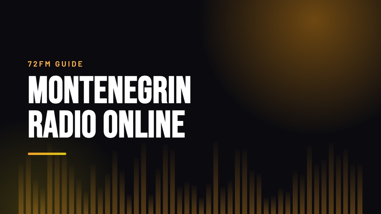 Title card for the guide: Montenegrin Radio Online, in amber on black with an equaliser motif