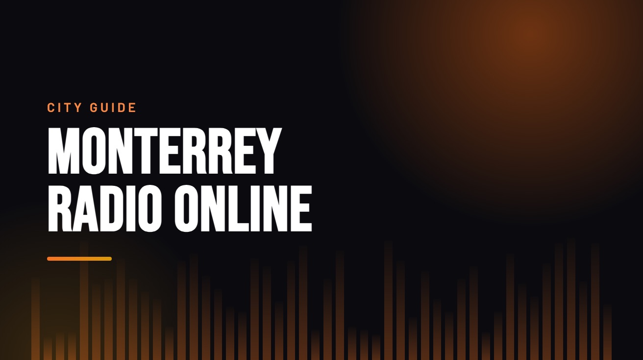 Title card for the guide: Monterrey Radio Online, in amber on black with an equaliser motif
