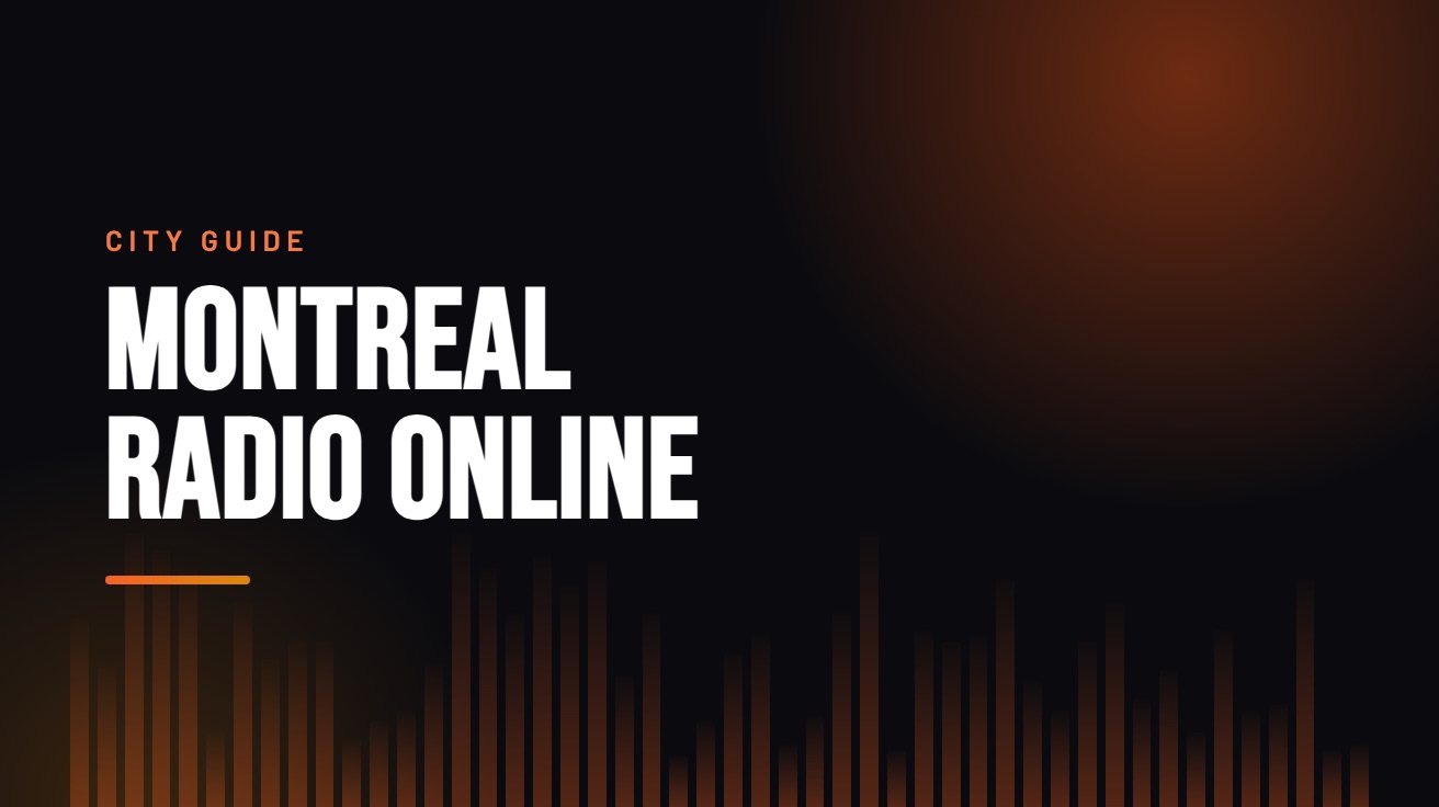 Title card for the guide: Montreal Radio Online, in amber on black with an equaliser motif