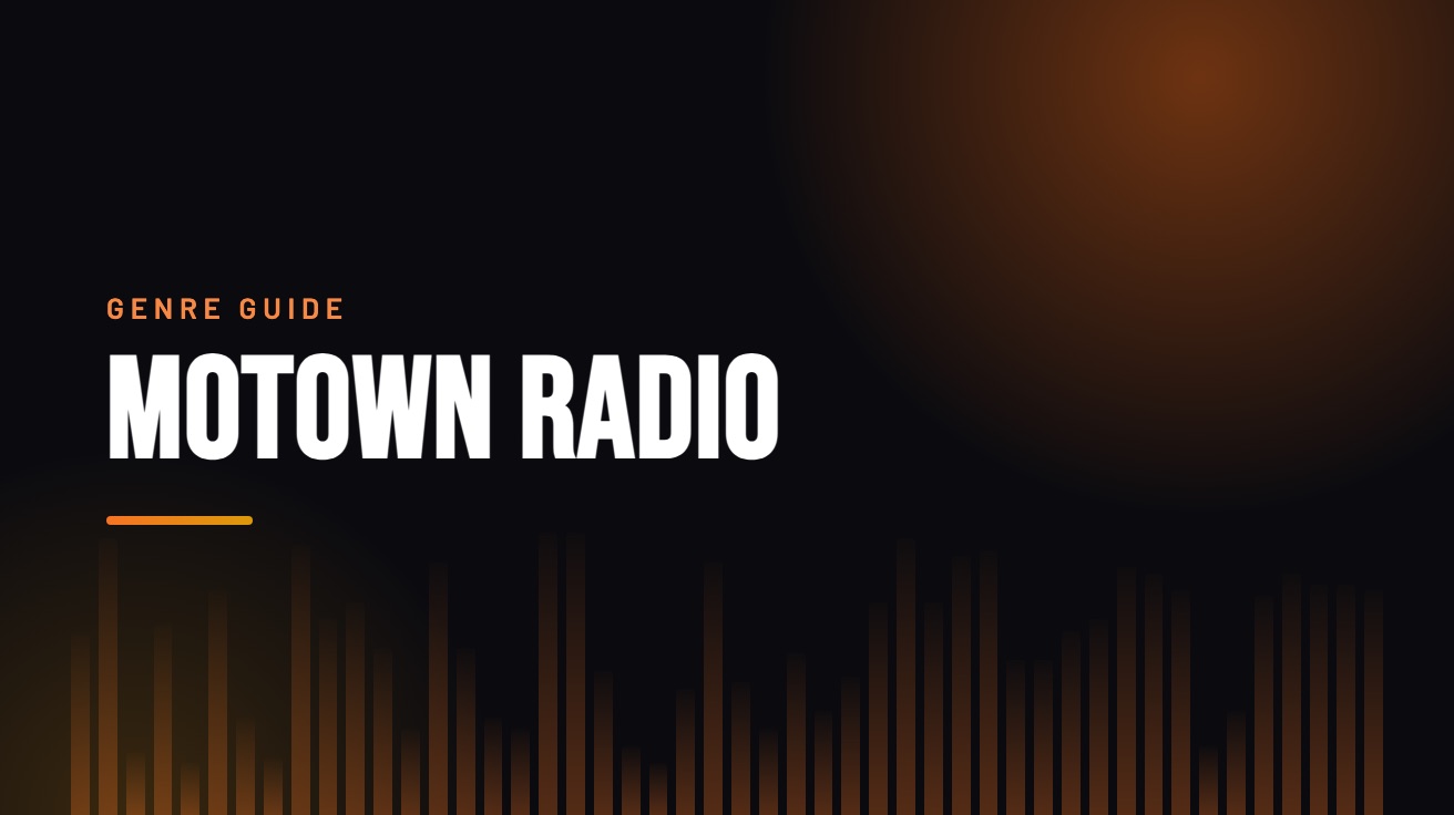 Title card for the guide: Motown Radio, in amber on black with an equaliser motif